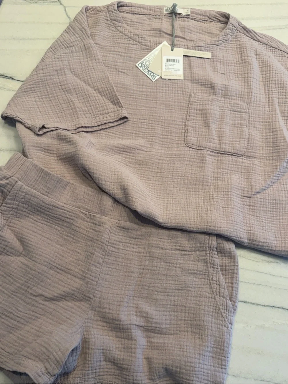 Barefoot Dreams Mauve 100% Cotton Crinkle Tee & Short Set-NWT - Picture 1 of 14